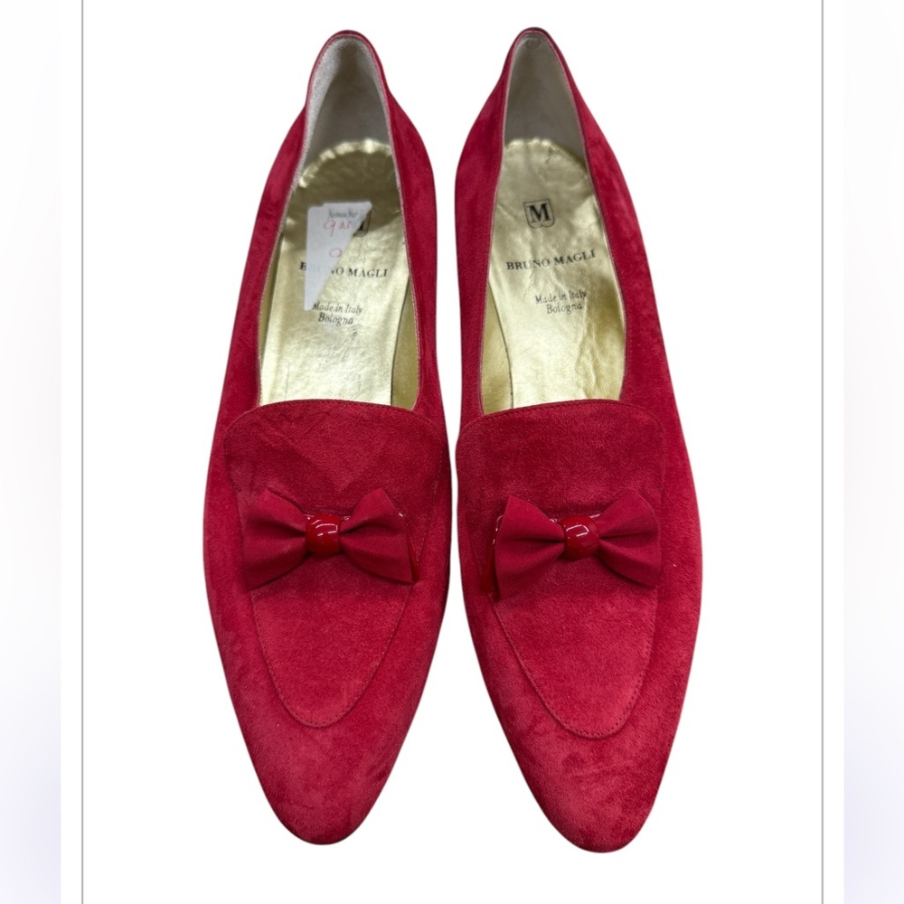 Vintage 1990s Bruno Magli Italian Designer Red Suede Loafer with Bow - Picture 2 of 5